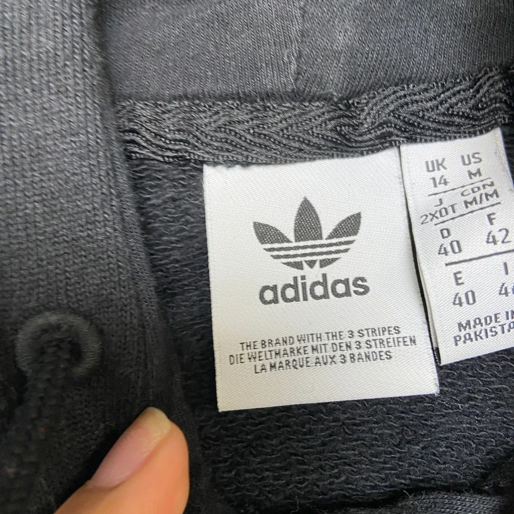 Adidas Trefoil Hoodie Mens M Black Graphic Logo Drawstring Ribbed Hem Pullover